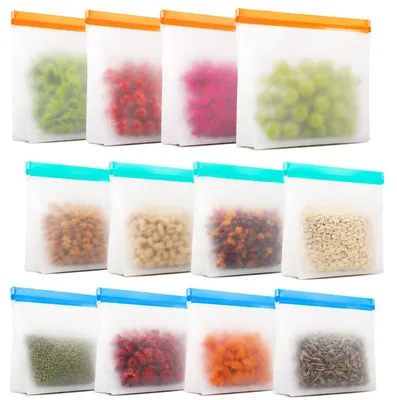 Image de Sacs de congélation en silicone - Réutilisables avec fermeture éclair - Pour la conservation des aliments - Lot de 12