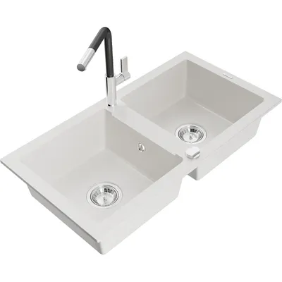 Obrázok produktu pre Mexen Mario granitový dvojkomorový drez s kuchynskou batériou Flora, Biela - 6504-20-670401-07