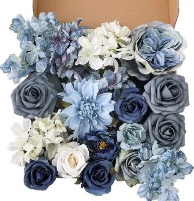 Produktbild von Unyqoos® Kunstblumen-Kombobox für DIY-Brautsträuße & Eventdekoration – weiße & staubblaue Rosen, Latexseide, Schaum & Kunststoff