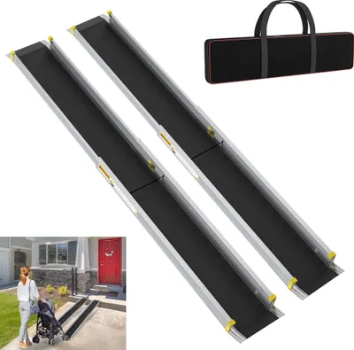 Image de LARS360 2x Portable Rampe pour fauteuil roulant télescopique 5 FT, 83,5-152 cm Rampe réglable, antidérapante, jusqu'à 300 kg, rampe d'escalier en aluminium Rampe de seuil