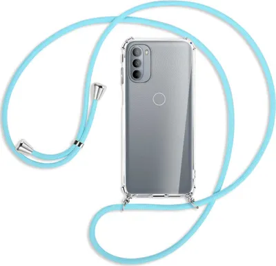 Produktbild von Handykette Backcover-Schutzhülle mit Band (Metall silberfarben) für Motorola Moto G31, Moto G41 - himmelblau