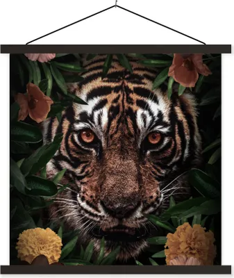 Produktbild von MuchoWow® Textilposter Tiger - Dschungel - Blumen 90x90 cm mit schwarzem Rahmen - Magnetisches