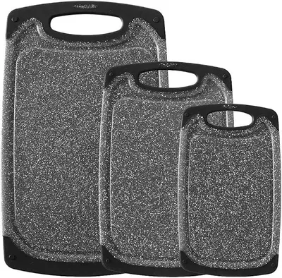 Produktbild von PolkaHome® 3-teiliges Schneidebrett-Set, Kunststoff-Schnitzbretter mit Saftrille, Antirutsch, Spülmaschinenfest, Schwarz