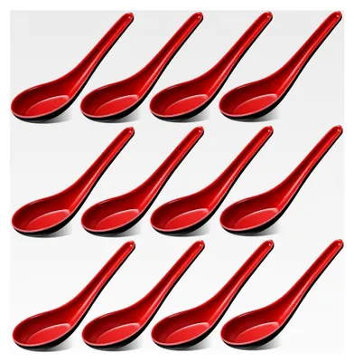 Produktbild von Suppenlöffel Set mit 12 Stück Chinesischen Porzellan Löffeln für Zuhause, Restaurants, Büros, Buffets, Kantinen und Hotels (rot & schwarz)