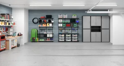 A clean, organized garage with storage solutions and tools.