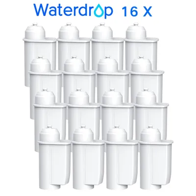 A collection of water filters arranged in rows on a white background.