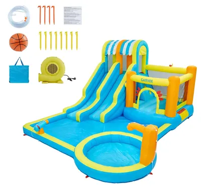 Produktbild von Aufblasbare Wasserrutsche - Hüpfburg Wasserpark für Kinder - 8-in-1 Spielcenter - Pool und Doppelpisten - Kletterwand - 550 W Gebläse - Bunt