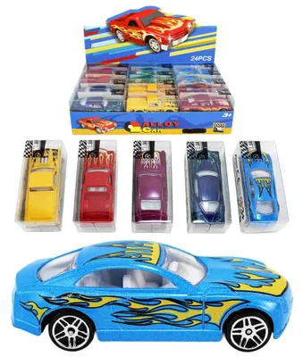 Zdjęcie produktu dla 24 sztuki miniaturowych samochodzików z motywem płomieni, zapakowane w pudełko - skala 1:64
