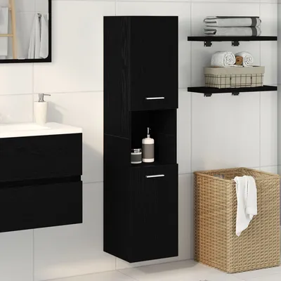 Produktbild von Badezimmer Wandschrank Schwarz Eiche 30x30x130 cm aus Ingenieurholz, Badezimmerschränke DesignMöbel Neu