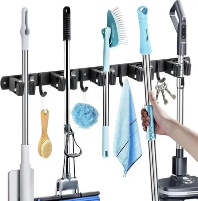 Produktbild von Famanu Besenhalter Edelstahl – Selbstklebende Halterung mit 5 Haltern und 4 Haken, platzsparend für Küche, Garage und Garten