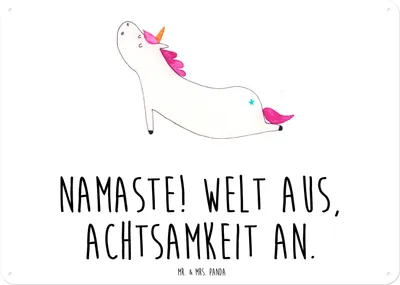 Produktbild von Mr. & Mrs. Panda Schild Einhorn Yoga DIN A3 - Weiß - Geschenk, Namaste, Einhörner, Lustig, tafel, Unicorn, Blechschild, Wandbild, Türschild, Sport, Metallbild