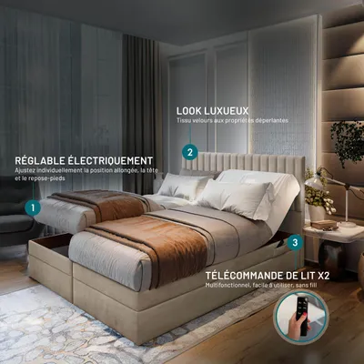 Image de TRADA Adele Lit Boxspring adulte 160x200 Ensemble Matelas+sommier Relaxation électrique avec Matelas Ressorts ensachés, Rangement et surmatelas Beige, Image générée par une IA
