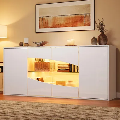Produktbild von okwish Hochglanz Sideboard mit 6 Staufächern,RGB-LED, Wohnzimmerschrank mit 2 Glastüren,verstellbaren Einlegeböden,Weiß