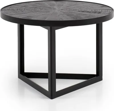 Produktbild von Couchtisch 58x58x40 cm Mango Massivholz / Metall Schwarz Sofatisch Rund, Design Wohnzimmertisch Industrial, Kaffeetisch Wohnzimmer Massiv mit Holzmuster