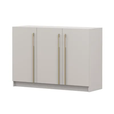 A three-door cabinet with gold handles against a white background.