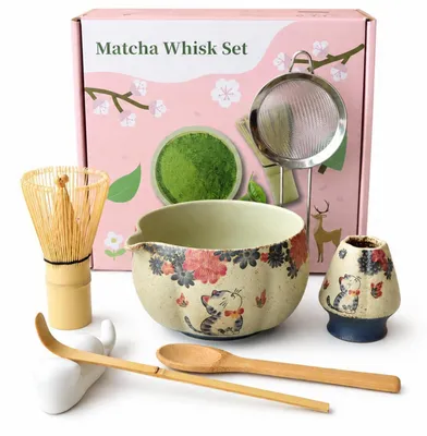 Immagine prodotto di Set da tè Matcha, 8 pezzi, con motivo dipinto a mano raffigurante gatti e fiori di ciliegio, include: spazzolino in bambù, tazza in Vetroceramica, setaccio e panno