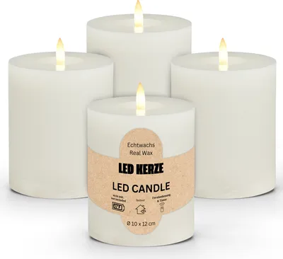 Image de Lot de 4 bougies LED en cire, flamme vacillante, Ø 10x12 cm, blanc