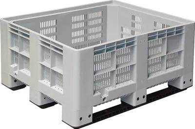 Produktbild von Palettenbox mit 3 Kufen, Wände geschlitzt, LxBxH 1200x1000x580 mm