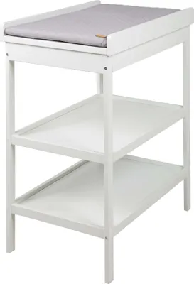 A white baby changing table with a gray changing pad on top and two shelves below, shown from a slight diagonal angle.
