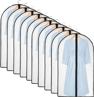 A row of garment bags, each containing a light blue dress on a hanger.