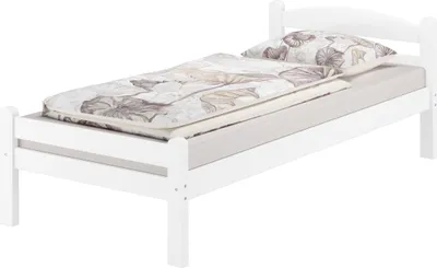 A white wooden single bed with bedding.