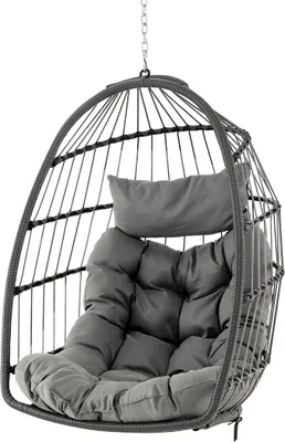 Imagen del producto de Silla colgante con cojín de asiento y reposacabezas, cesta colgante plegable. Silla colgante, asiento colgante, columpio colgante para interior y exterior. Silla colgante para niños y adultos, color gris