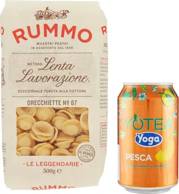 Produktbild von 12er-Pack Rummo Pasta Orecchiette N°87,Italienische Nudeln aus Hartweizengrieß,500g + 1er-Pack Yoga Eistee Pfirsich 330ml Dose