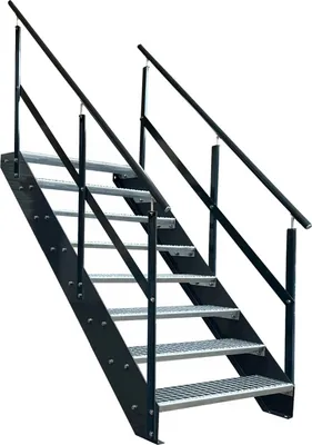 Zdjęcie produktu dla Stalowe schody kratowe 8 stopni z podwójną poręczą - Ocynkowane i malowane proszkowo na kolor antracytowy - (szer. x wys. x gł.) 60 x 152 x 158 cm