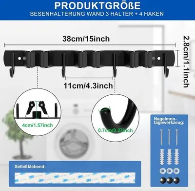 Zdjęcie produktu dla Czarny uchwyt ścienny z 3 wieszakami i 4 haczykami, samoprzylepny, uchwyt na narzędzia ogrodnicze