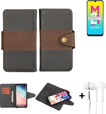 Produktbild von K-S-Trade Handyhülle Schutzhülle Bookstyle Wallet-Case kompatibel mit Samsung Galaxy M21 2021 + earphones Bumper rundumschutz schwarz-braun 1x