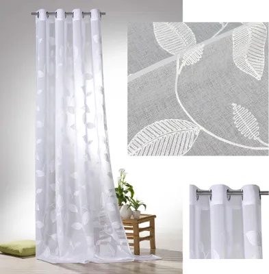 Obrázek produktu pro heimtexland očka šátek výšivka záclona listy vinné révy lněný vzhled bílá záclona transparentní s očky typ565 VxŠ 225x140 cm