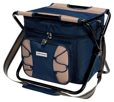 Produktbild von XXL Kühltasche mit Sitz - Campinghocker, Klapphocker und Kühltasche in einem - Angelhocker, große isolierte Picknicktasche Campingstuhl - Farbe Hahnentritt blau