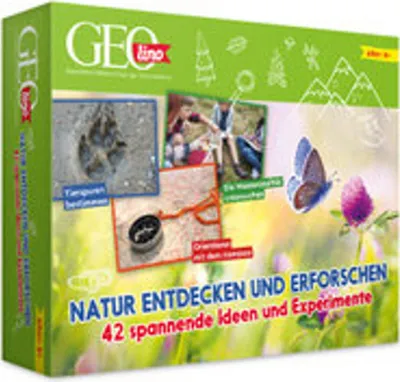 A product box for a children's nature exploration kit, featuring images of animal tracks, children exploring, and a compass.