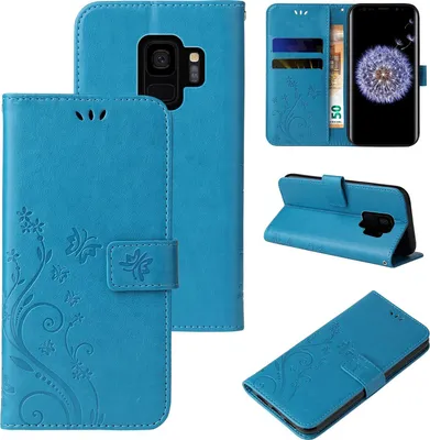 Produktbild von Handyhülle für Samsung Galaxy S9 Floral Blumen Schmetterling Flip Cover Hülle Case Klapphülle Handytasche Farbe: Blau