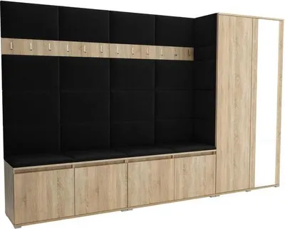 Produktbild von Garderoben-Set Noris V mit Spiegel, gepolsterte Garderobe 290 cm, Flurmöbel mit Wandpaneelen, 12 Haken und Schrank (Farbe: Sonoma Eiche + Trinity 16)