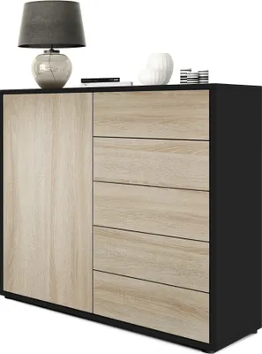 Produktbild von Vladon Sideboard Ben V2,  Germany, Kommode mit 1 Tür und 5 Schubladen, Schwarz matt/Eiche Sägegrau (79 x 74 x 36 cm)