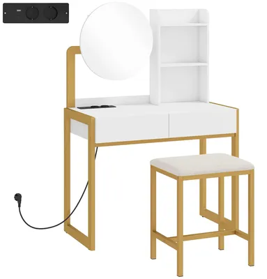 Zdjęcie produktu dla Toaletka – z lustrem – z taboretkiem – z szufladami – z otwartymi półkami – wymiary: 80 × 41,7 × 130 cm – kolor: biały