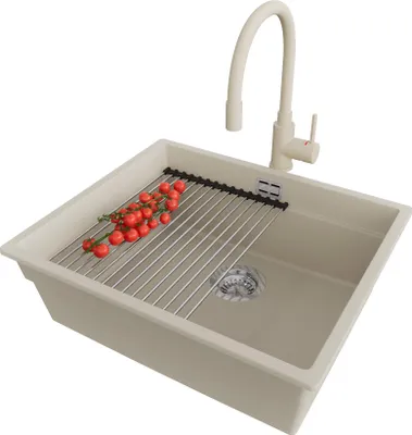 Produktbild von PRIMAGRAN Granitspüle Beige 56x47cm, Spülbecken 1 Becken + Küchenarmatur 38x14cm + Ablauf-Set + Küchenzubehörset, Küchenspüle ab 60er Unterschrank - Praga Slim