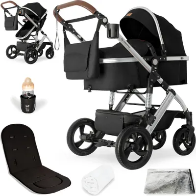 A collage of a black 3-in-1 stroller and its accessories, including a bassinet, a seat pad, a bottle holder with a bottle, and a rolled-up blanket.