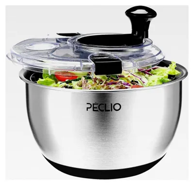 Produktbild von Große 4,5L Salatschleuder aus Edelstahl 18/10 mit transparentem Deckel und rutschfestem Boden - Salatschleuder mit Kurbelantrieb - BPA-frei und spülmaschinengeeignet, Schwarz