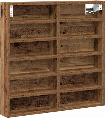 A wooden display shelf with multiple compartments.