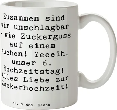 Produktbild von Mr. & Mrs. Panda Tasse Spruch 6. Hochzeitstag Zuckerhochzeit - Weiß - Geschenk, Becher, Keramiktasse, Heirat, Eheleben, Jubiläum, Liebe, Hochzeit, schöne, Heiraten