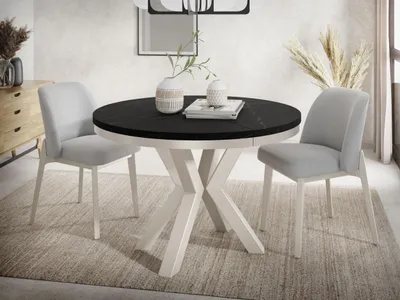 Produktbild von Runder Ausziehbarer Esstisch im Loft-Stil - Industrieller Tisch in Schwarzer Marmoroptik Grau-Beige Beinen - für Wohnzimmer - Marmor Schwarz - 120 bis 200 cm