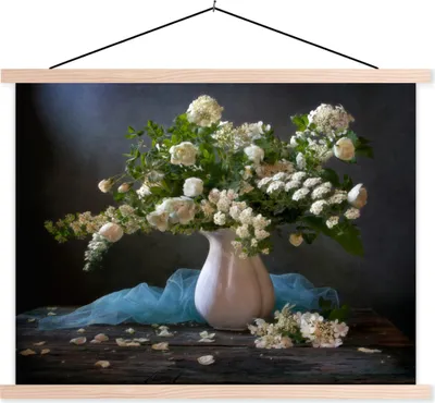 Produktbild von MuchoWow® Textilposter Blumen - Weiß - Stilleben 150x113 cm mit holzfarbenen Rahmen - Poster