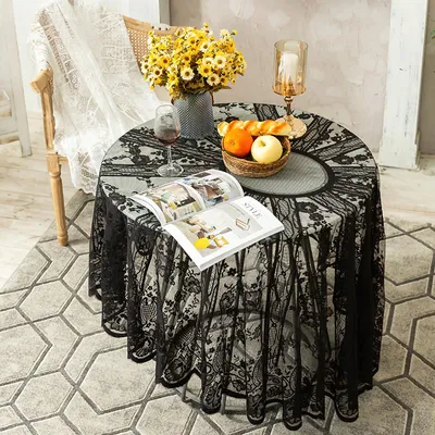 Runde Spitzentischdecke 152,4 cm, Blumenmuster, Schwarz