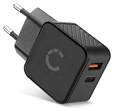 Produktbild von CELLONIC Doppel USB und USB C Ladegerät Netzstecker Ladeadapter 20W PD Schnellladegerät Netzteil kompatibel mit iPhone, Samsung, iPad, Huawei, Switch, PSP, GPS, Handy, Tablet - Schwarz