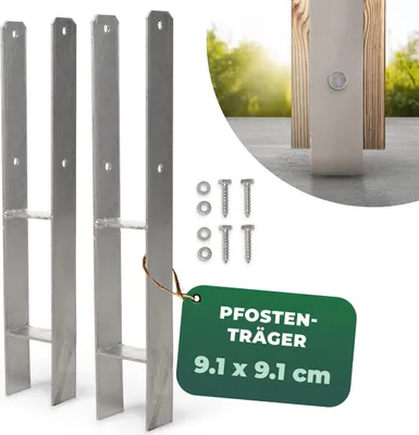 Zdjęcie produktu dla Zestaw 2 sztuk osłon do wbijania w grunt, kształt "H", wymiary 91x91x600 mm. Osłony do wbijania w grunt, służące jako podpory dla parasoli, słupków ogrodzeniowych, słupków drewnianych. Osłony do wbijania w grunt, kołki do wbicia w ziemię, ocynkowane, z wkrętami