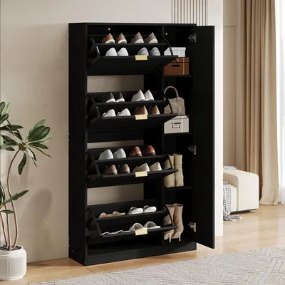Produktbild von STILVORA Schuhschrank mit Spiegel und 4 klappbaren Aufbewahrungsfächern, Aufbewahrungsschrank mit verstellbarem Regalbrett hinter dem Spiegel, Flurschrank für Eingangsbereich und Flur Schwarz