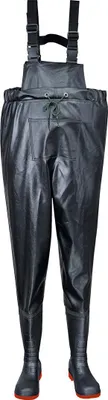 A pair of black wader boots with red soles, shown from the front.