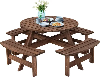 Produktbild von GOPLUS Picknicktisch mit 4 Bänken, Gartenmöbel aus Tannenholz für 8 Personen, Outdoor Sitzgarnitur mit Schirmloch für Camping, Picknick & Party, Runder Gartentisch
